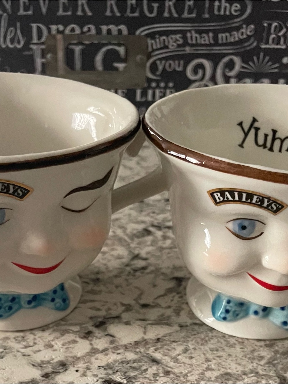 White Ceramic Baileys Face Mug with Brown Rim - Set of 2